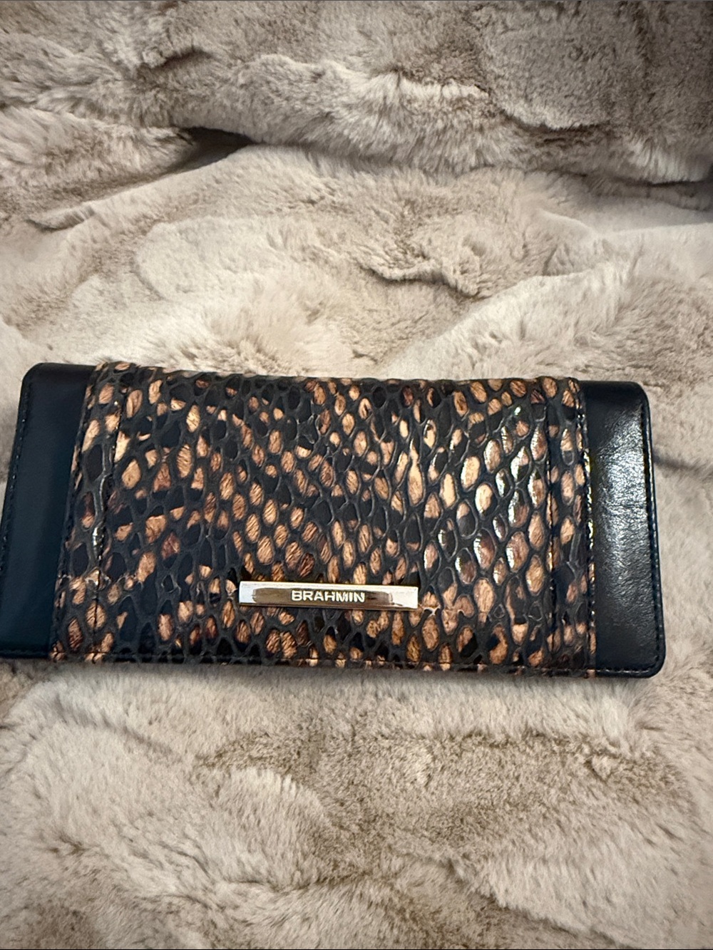 Brahmin Black and Brown Python-Print Continental Wallet with Gold Logo